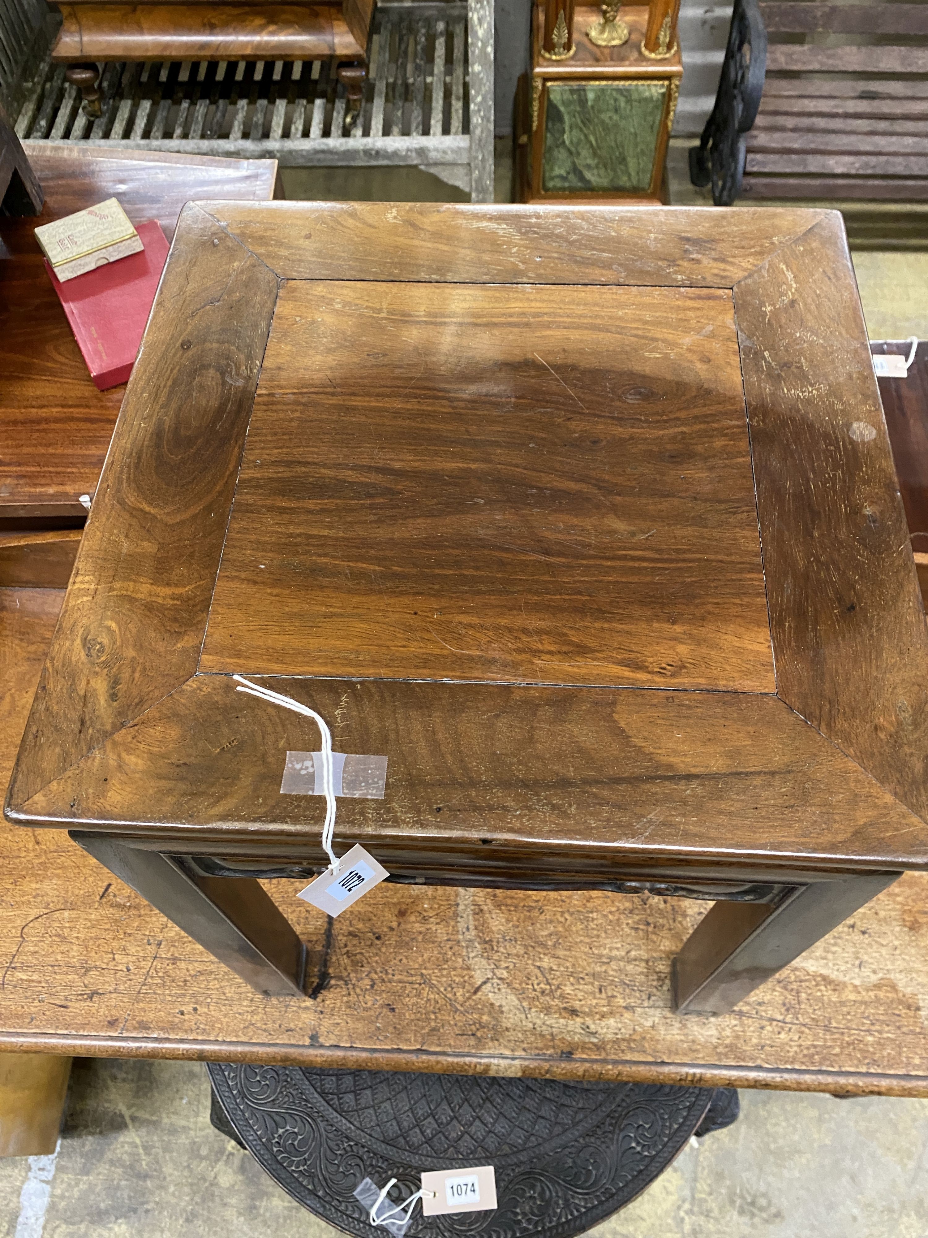 A Chinese square hardwood occasional table, width 41cm, height 52cm